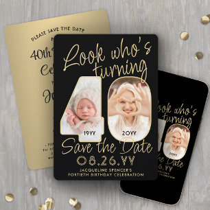 Look Who's 40 Black & Gold 2 Photo Birthday Party Save The Date