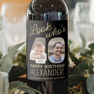 Look Who's 40 Black & Gold 2 Photo Birthday Party Wine Label