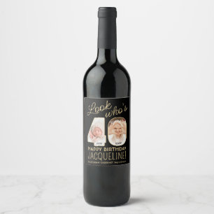 Look Who's 40 Black & Gold 2 Photo Birthday Party Wine Label