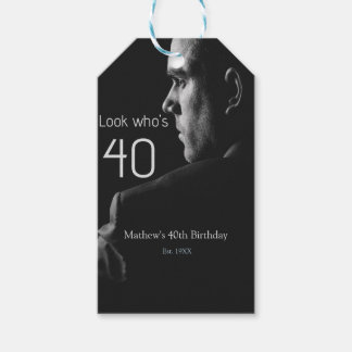 look who's 40th birthday photo man name est. year  gift tags