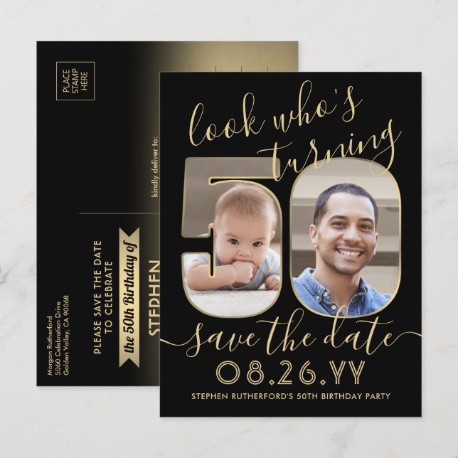 Look Who's 50 Birthday Party Save The Date 2 Photo Announcement Postcard (Front/Back)