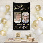 Look Who's 50 Black & Gold 2 Photo Birthday Party Banner<br><div class="desc">Look who's 50! Celebrate a happy 50th birthday for him or her with a custom 2 photo vertical banner. Pictures and wording on this template are simple to personalise. (IMAGE PLACEMENT TIP: An easy way to position a photo exactly how you want is to crop it before uploading to the...</div>