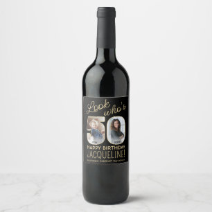 Look Who's 50 Black & Gold 2 Photo Birthday Party Wine Label