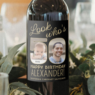 Look Who's 50 Black & Gold 2 Photo Birthday Party Wine Label