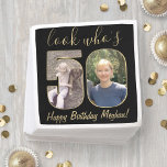 Look Who's 50 Black & Gold 2 Photo Happy Birthday Napkin<br><div class="desc">Look who's 50! Add an elegant personalised touch to 50th birthday party decorations for him or her with stylish custom photo paper napkins. Pictures and wording on this template are simple to customise (IMAGE PLACEMENT TIP: An easy way to position a photo exactly how you want is to crop it...</div>