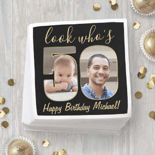 Look Who's 50 Black & Gold 2 Photo Happy Birthday Napkin