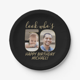 Look Who's 50 Black & Gold 2 Photo Happy Birthday Paper Plate