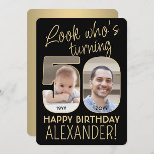 Look Who's 50 Black & Gold Birthday Party 2 Photo Invitation