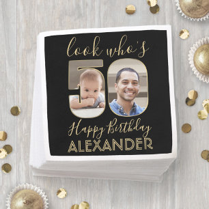 Look Who's 50 Black & Gold Fiftieth Birthday Photo Napkin