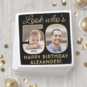 Look Who's 50 Black & Gold Happy Birthday 2 Photo Napkin