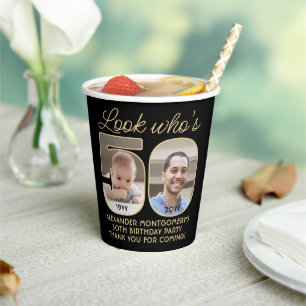 Look Who's 50 Black & Gold Happy Birthday 2 Photo Paper Cups