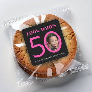 Look Who's 50 Black Pink Kid Photo 50th Birthday  Square Sticker