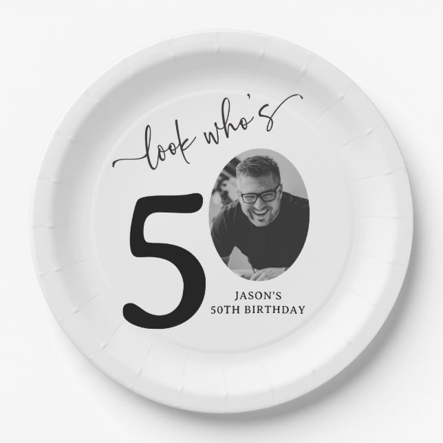 Look Who's 50! Modern Photo 50th Birthday Paper Plate (Front)
