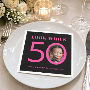 Look Who's 50 Pink Black 50th Birthday Kid Photo  Napkin
