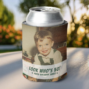 Look Who's 50 Retro Birthday Party Favor Photo Can Cooler