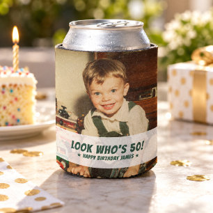 Look Who's 50 Retro Birthday Party Favour Photo Can Cooler
