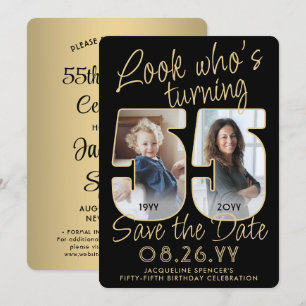 Look Who's 55 Black & Gold 2 Photo Birthday Party Save The Date