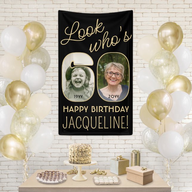 Look Who's 60 Black & Gold 2 Photo Birthday Party Banner (Creator Uploaded)