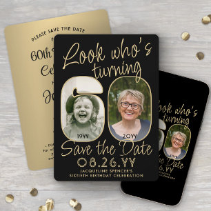 Look Who's 60 Black & Gold 2 Photo Birthday Party Save The Date