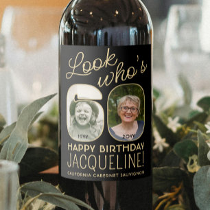 Look Who's 60 Black & Gold 2 Photo Birthday Party Wine Label