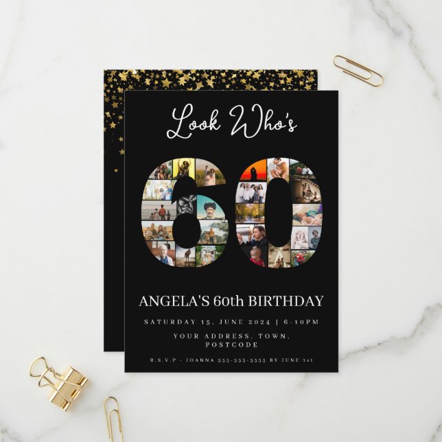 look who's 60 happy birthday Photo arrangement  Invitation Postcard (Front/Back In Situ)