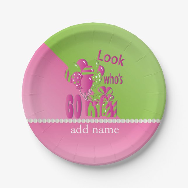 Look Who's 60 in Pink - 60th Birthday Paper Plate (Front)