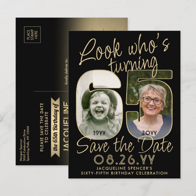 Look Who's 65 Birthday Party Save The Date 2 Photo Announcement Postcard (Front/Back)