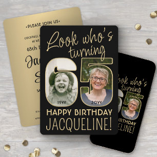 Look Who's 65 Black & Gold Birthday Party 2 Photo Invitation