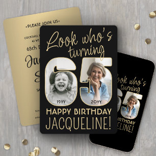 Look Who's 65 Black & Gold Birthday Party 2 Photo Invitation