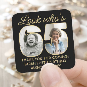 Look Who's 65 Black & Gold Birthday Party 2 Photo Square Sticker