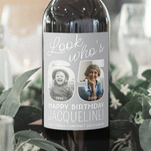 Look Who's 65 Modern Photo Numbers Birthday Party Wine Label