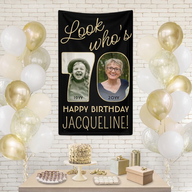 Look Who's 70 Black & Gold 2 Photo Birthday Party Banner (Creator Uploaded)