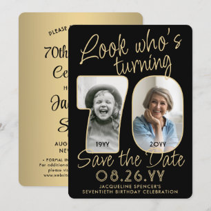 Look Who's 70 Black & Gold 2 Photo Birthday Party Save The Date