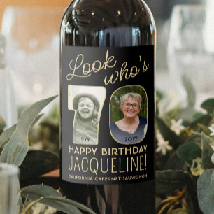 Look Who's 70 Black & Gold 2 Photo Birthday Party Wine Label