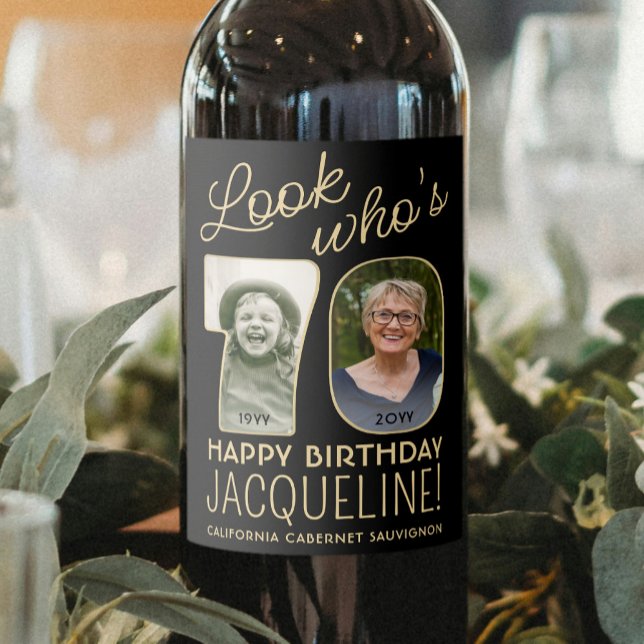 Look Who's 70 Black & Gold 2 Photo Birthday Party Wine Label (Creator Uploaded)