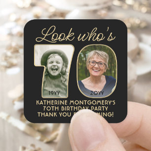 Look Who's 70 Black & Gold Birthday Party 2 Photo Square Sticker