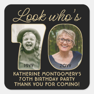 Look Who's 70 Black & Gold Birthday Party 2 Photo Square Sticker