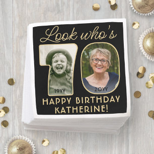 Look Who's 70 Black & Gold Happy Birthday 2 Photo Napkin