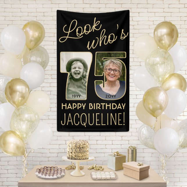 Look Who's 75 Black & Gold 2 Photo Birthday Party Banner (Creator Uploaded)