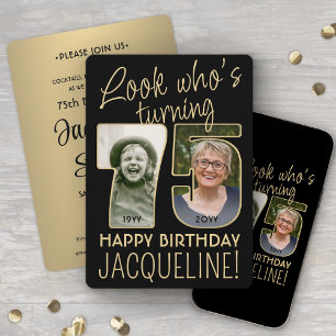 Look Who's 75 Black & Gold Birthday Party 2 Photo Invitation