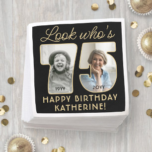 Look Who's 75 Black & Gold Happy Birthday 2 Photo Napkin