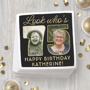 Look Who's 75 Black & Gold Happy Birthday 2 Photo Napkin