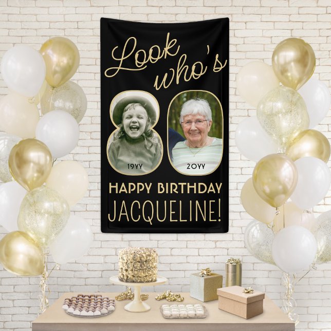 Look Who's 80 Black & Gold 2 Photo Birthday Party Banner (Creator Uploaded)