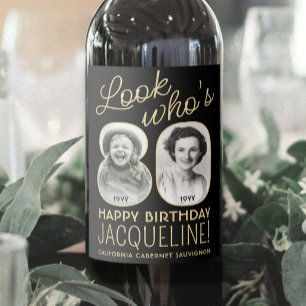 Look Who's 80 Black & Gold 2 Photo Birthday Party Wine Label