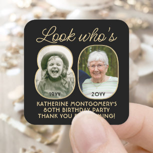 Look Who's 80 Black & Gold Birthday Party 2 Photo Square Sticker