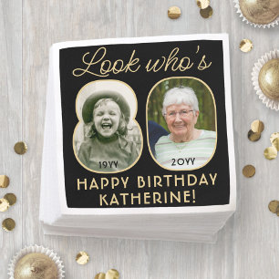 Look Who's 80 Black & Gold Happy Birthday 2 Photo Napkin