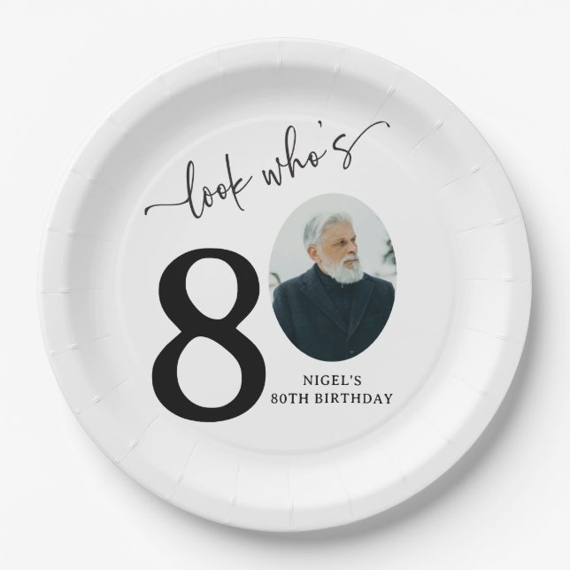 Look Who's 80! Modern Photo 80th Birthday Paper Plate (Front)