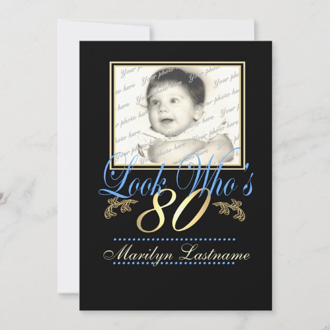 Look Who's 80 Photo Blue Gold Invitation (Front)