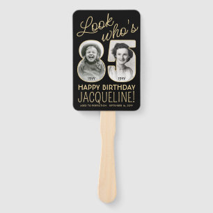 Look Who's 85 Black & Gold Happy Birthday 4 Photo Hand Fan