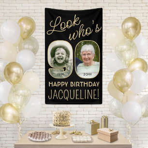 Look Who's 90 Black & Gold 2 Photo Birthday Party Banner